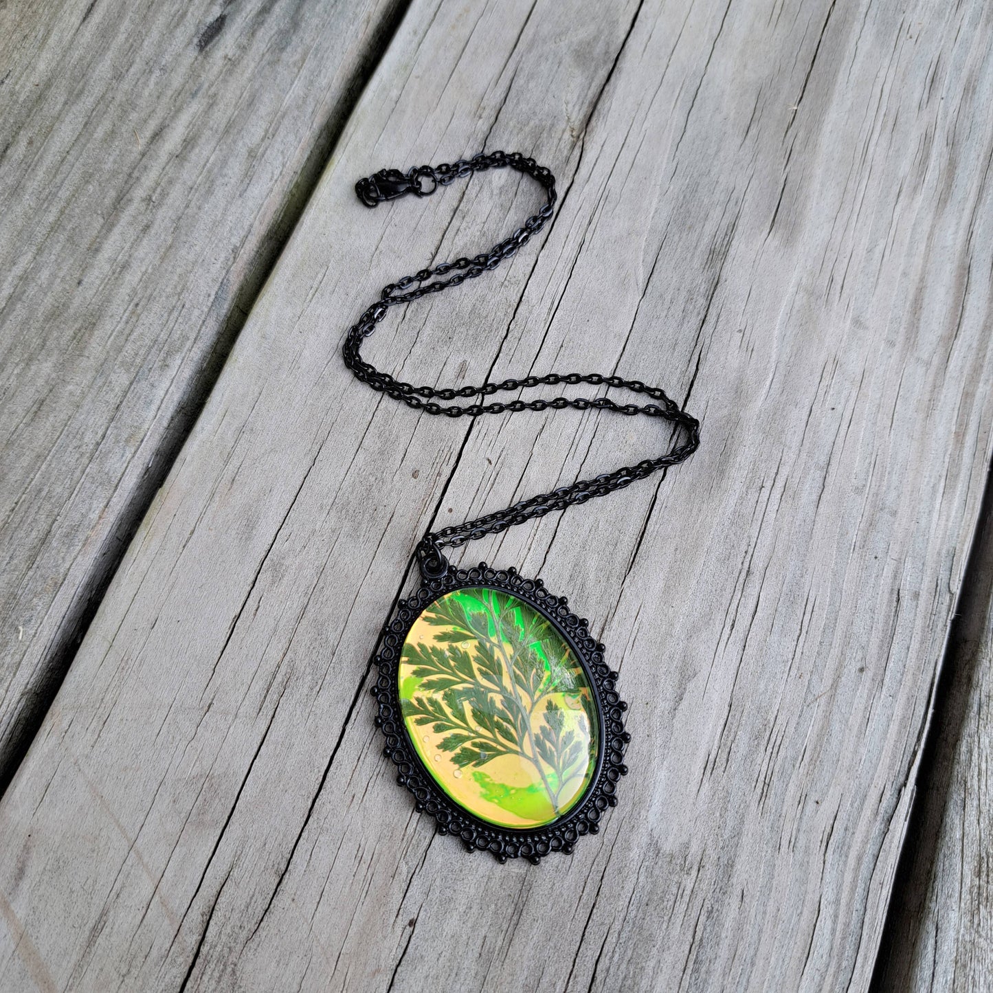 Green Holographic Pressed Fern Necklaces