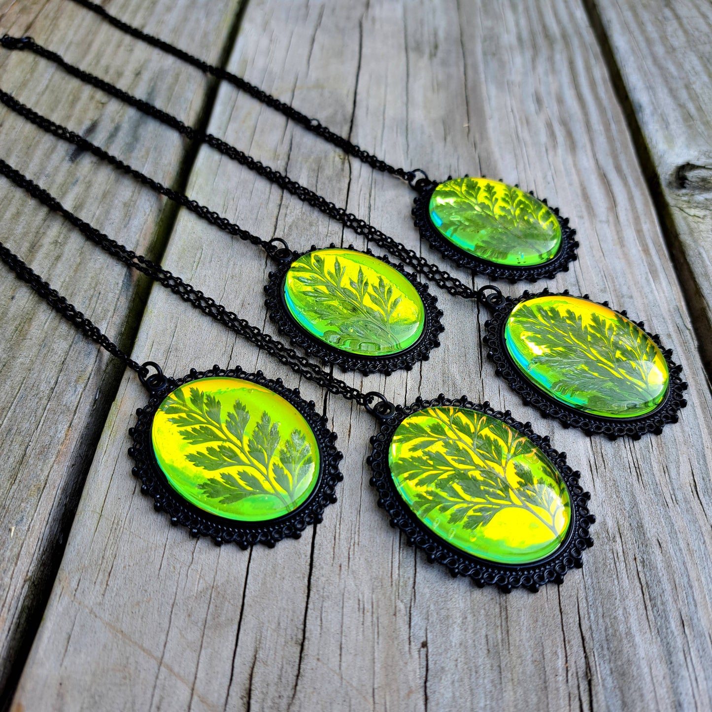 Green Holographic Pressed Fern Necklaces