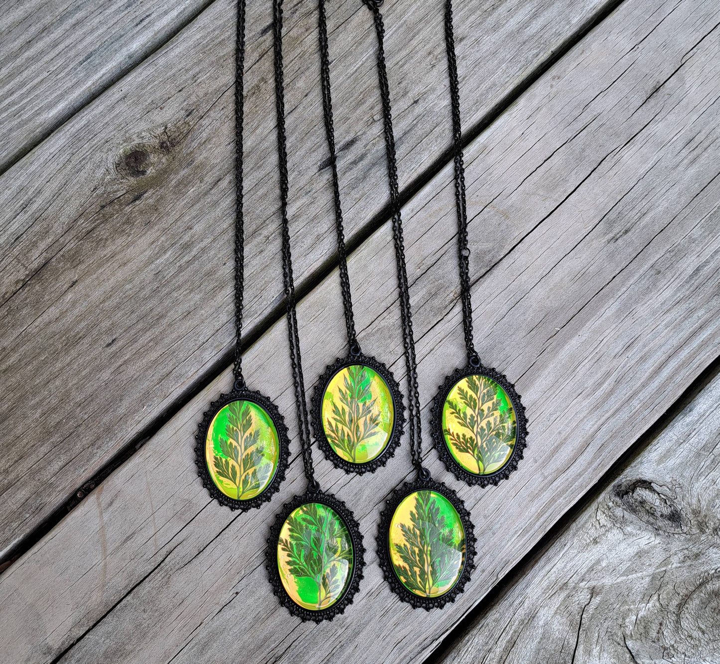 Green Holographic Pressed Fern Necklaces