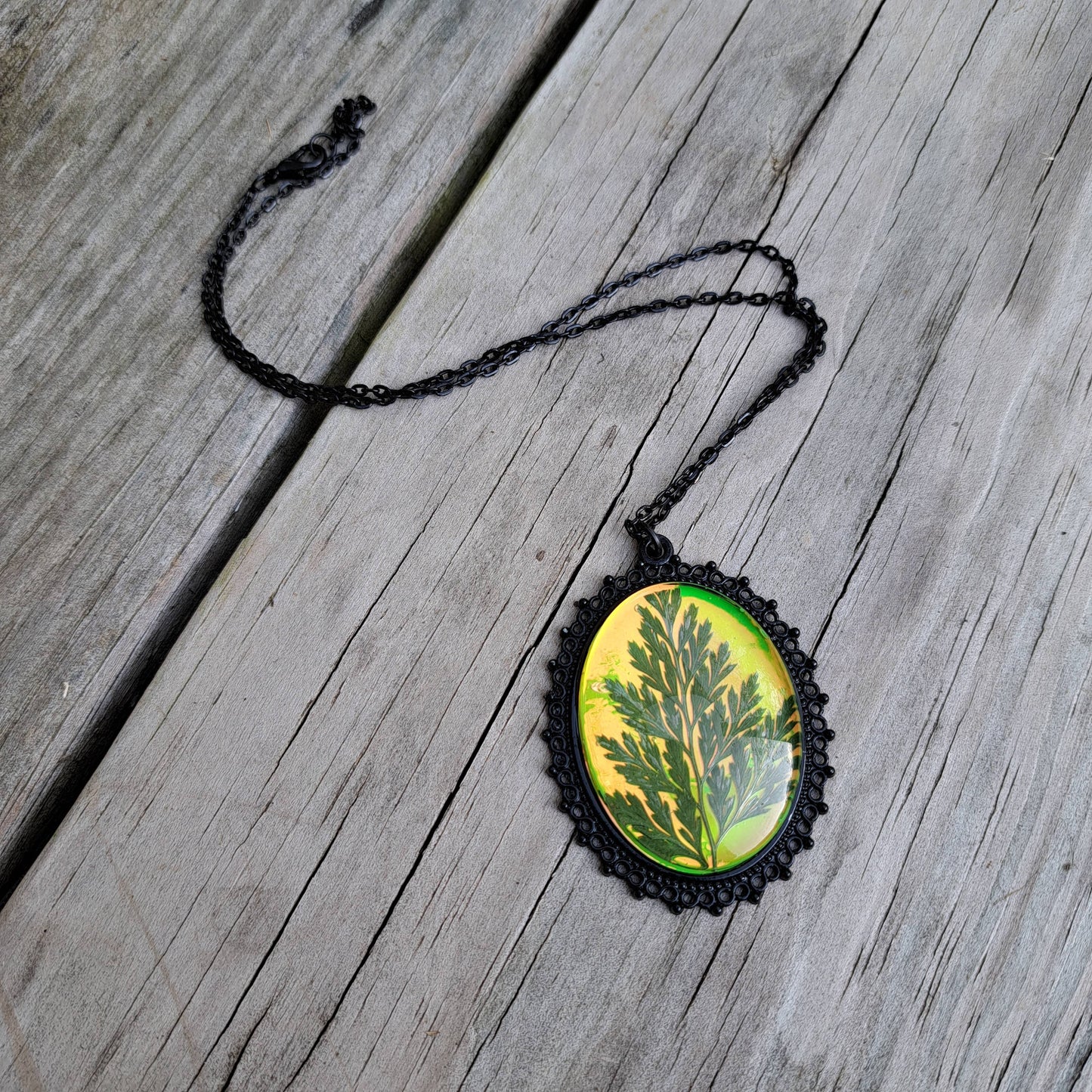 Green Holographic Pressed Fern Necklaces