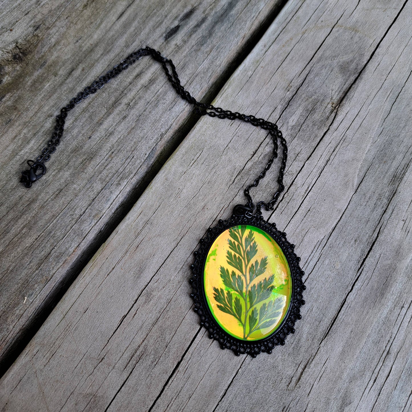 Green Holographic Pressed Fern Necklaces