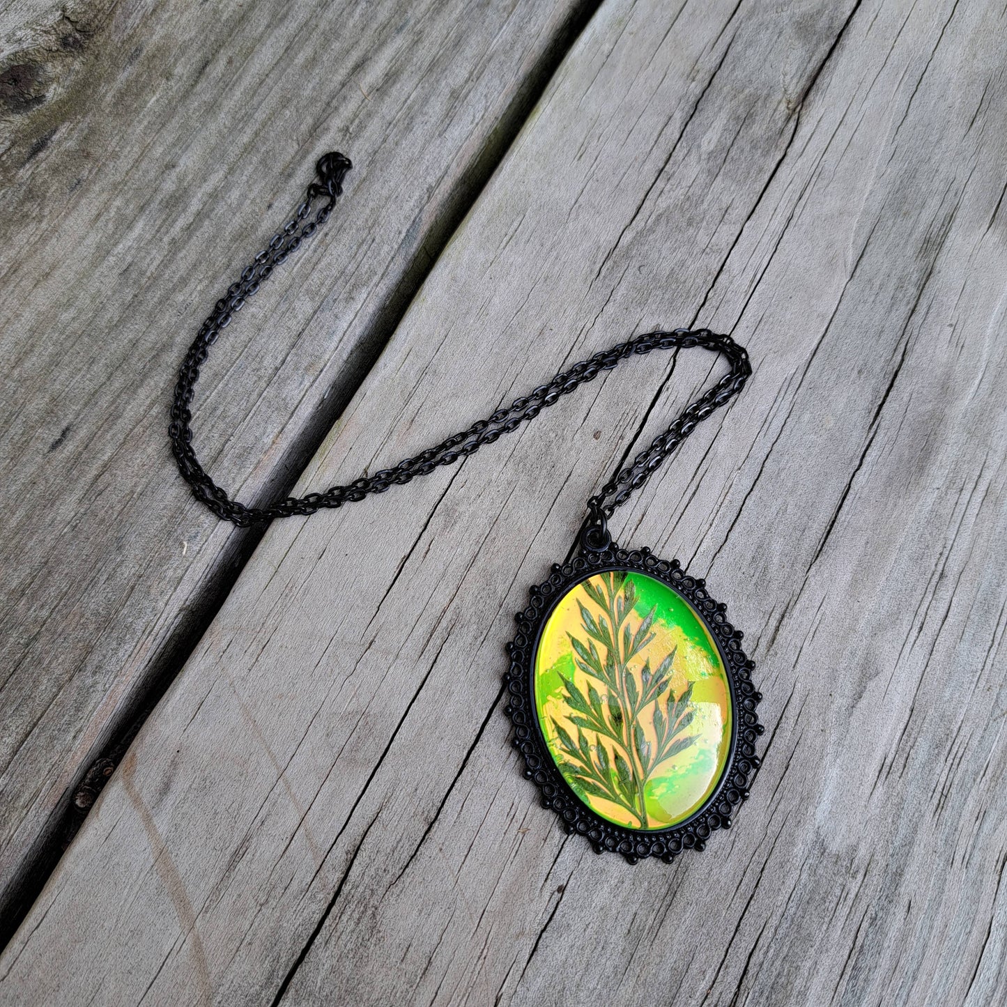Green Holographic Pressed Fern Necklaces