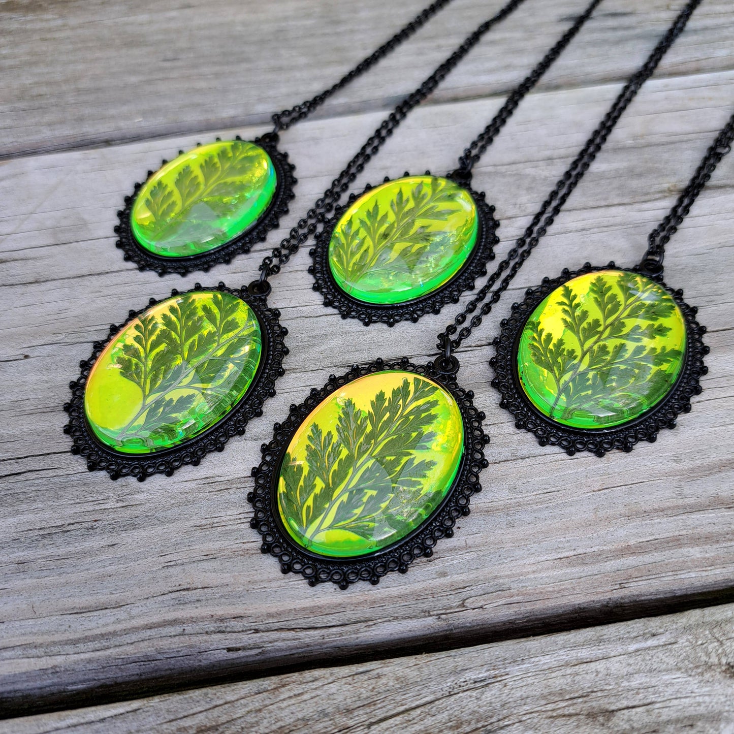 Green Holographic Pressed Fern Necklaces
