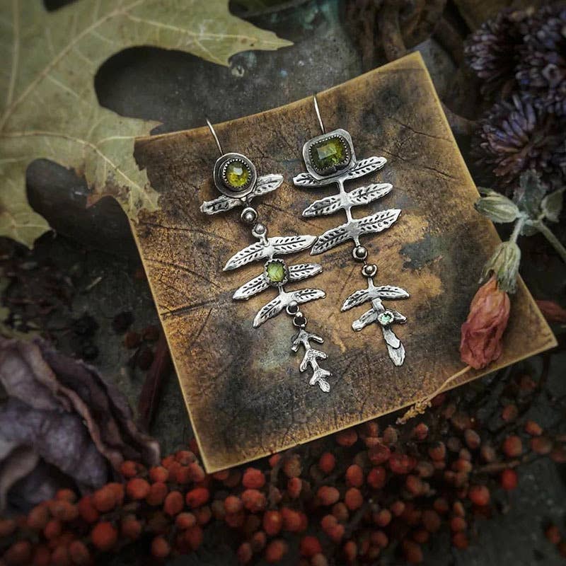 Vintage metal leaf inlaid olive green rhinestone earrings