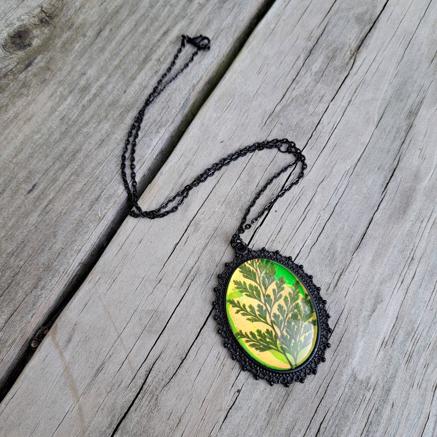 Green Holographic Pressed Fern Necklaces