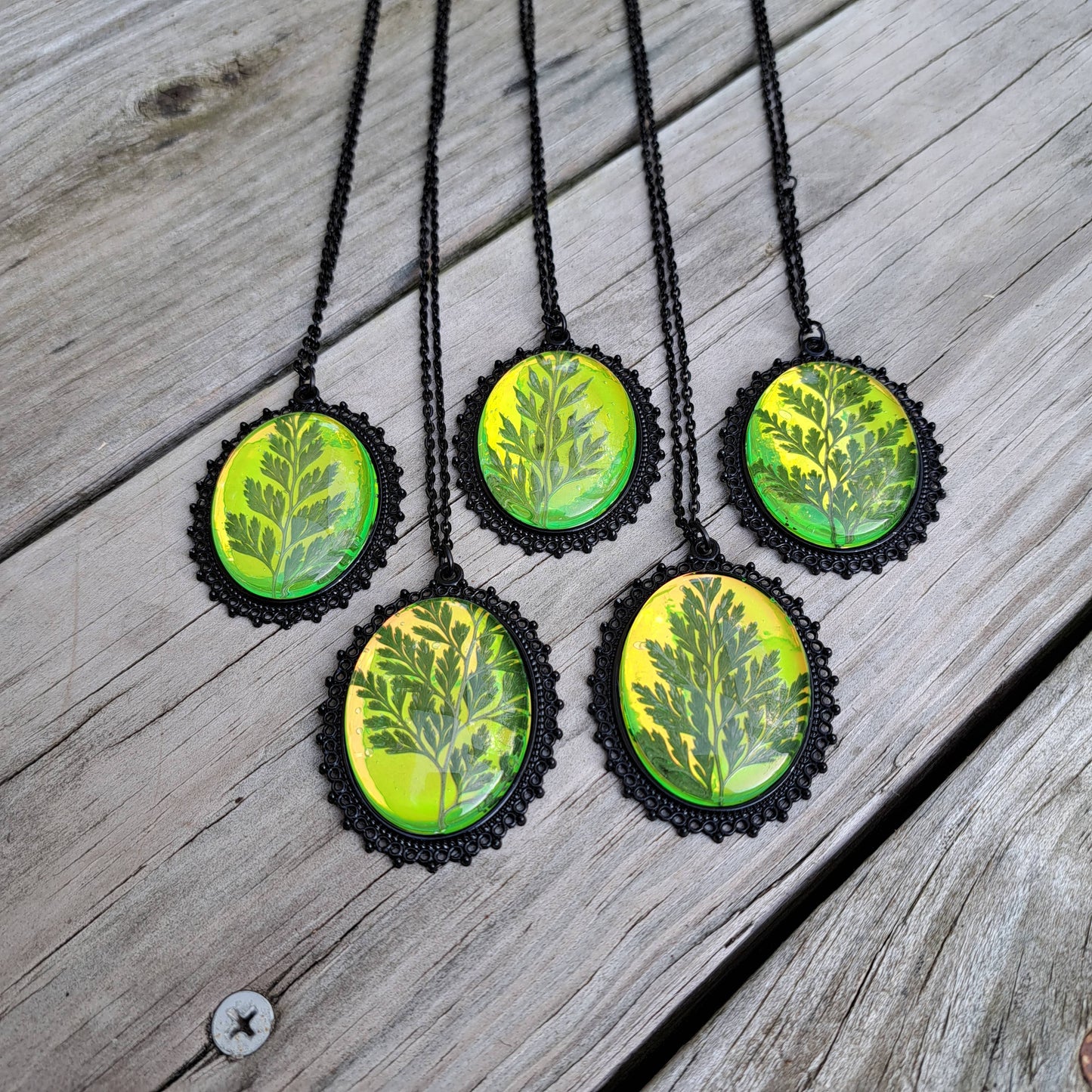 Green Holographic Pressed Fern Necklaces