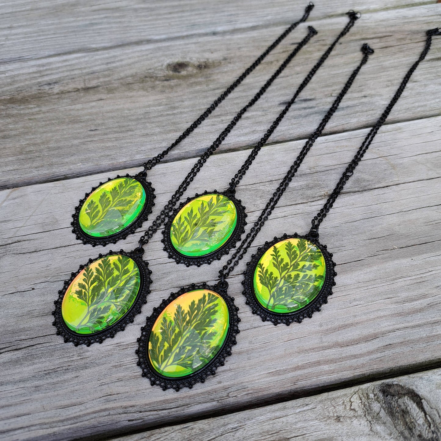 Green Holographic Pressed Fern Necklaces