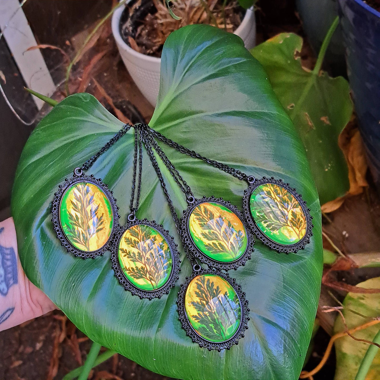 Green Holographic Pressed Fern Necklaces
