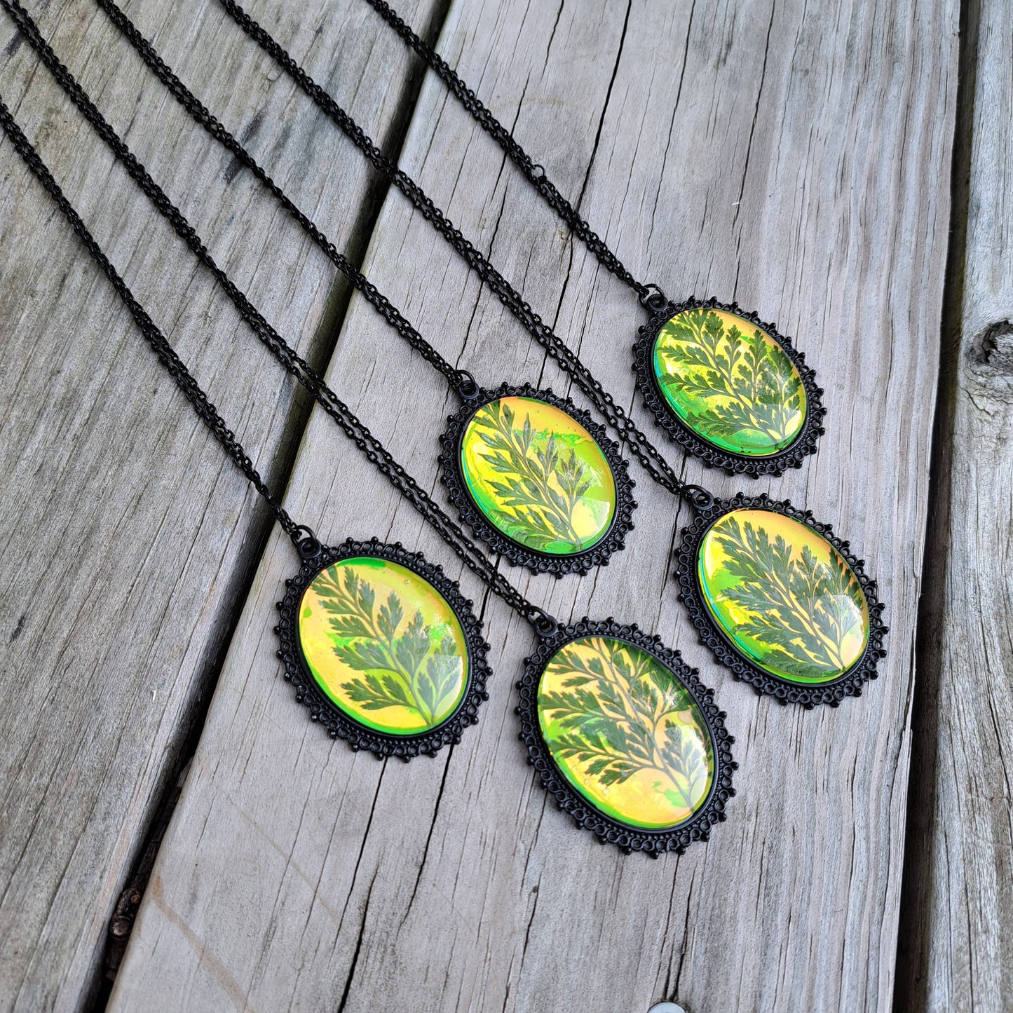 Green Holographic Pressed Fern Necklaces