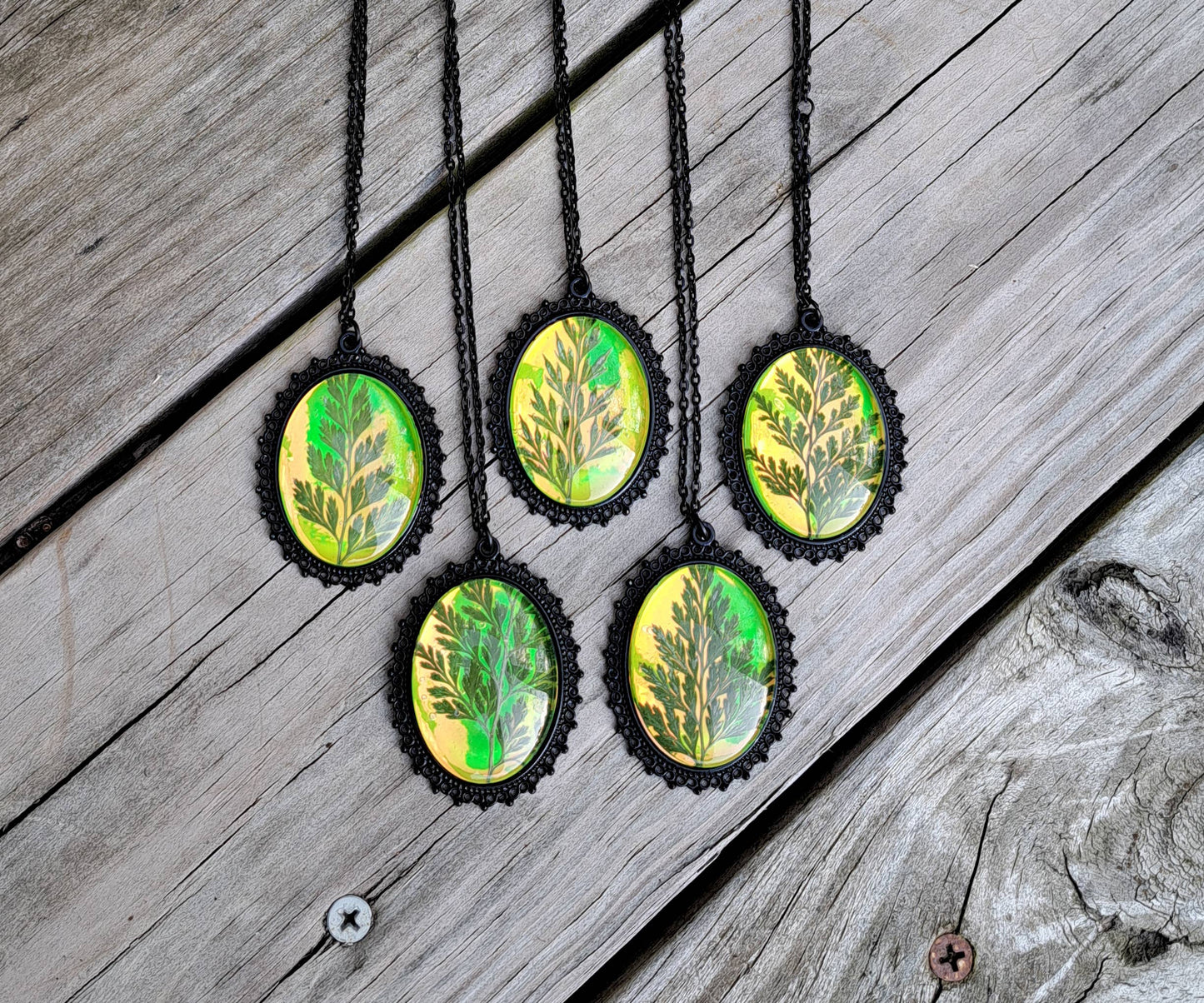 Green Holographic Pressed Fern Necklaces