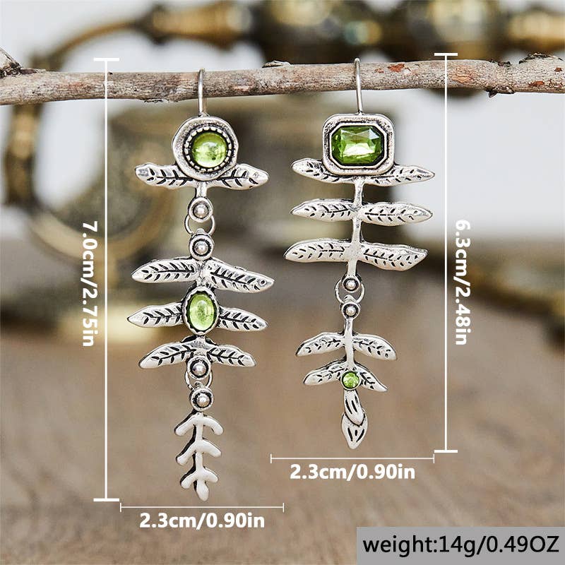Vintage metal leaf inlaid olive green rhinestone earrings