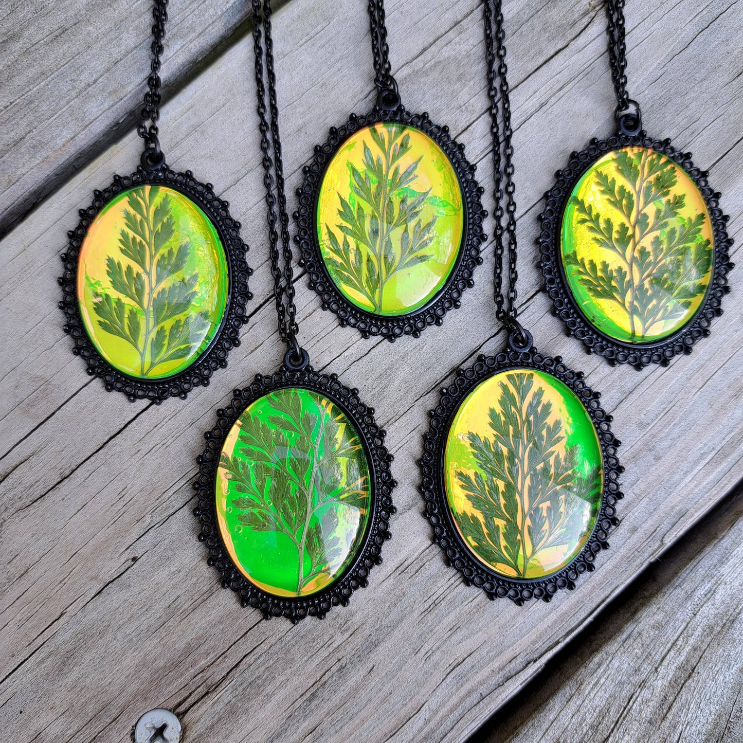 Green Holographic Pressed Fern Necklaces