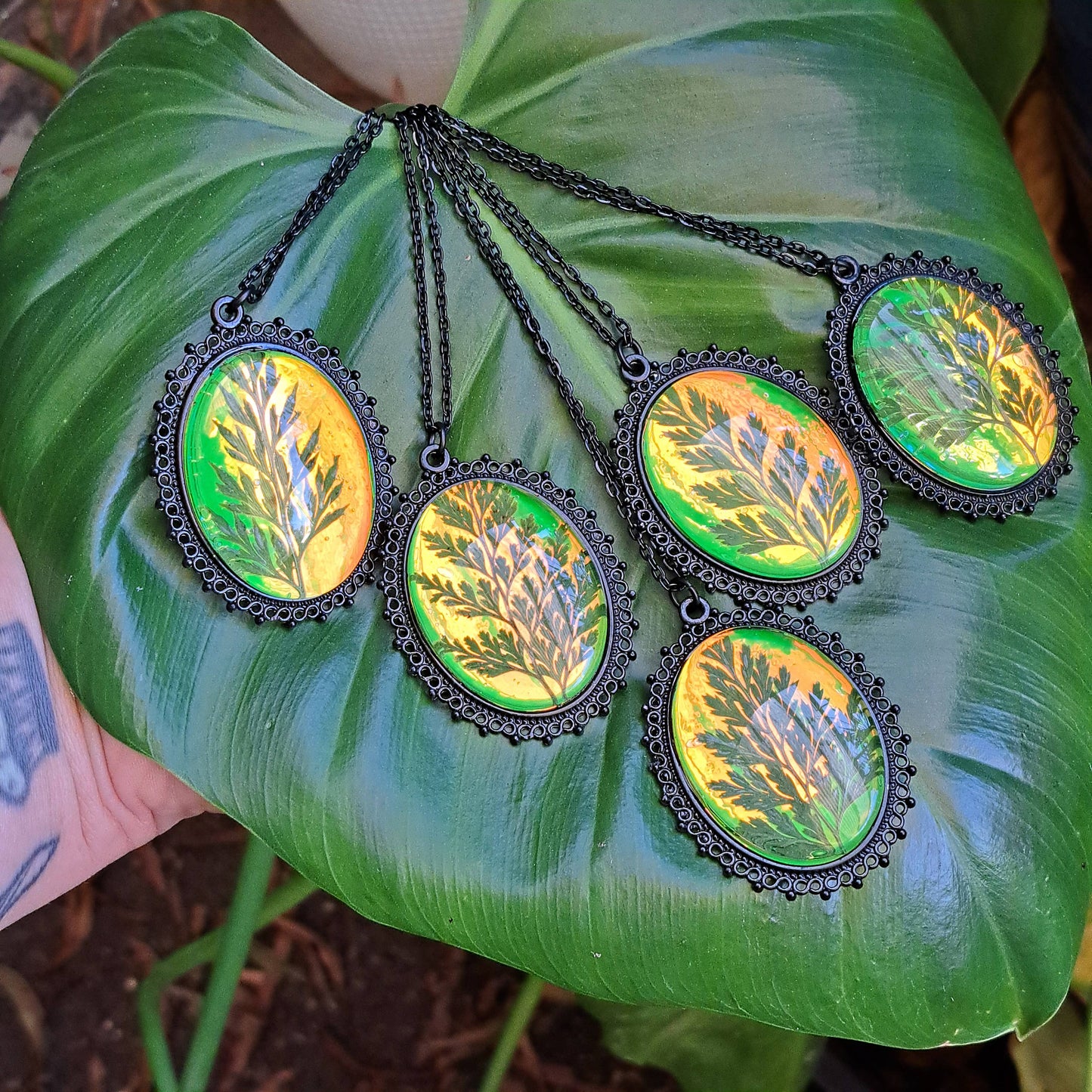 Green Holographic Pressed Fern Necklaces