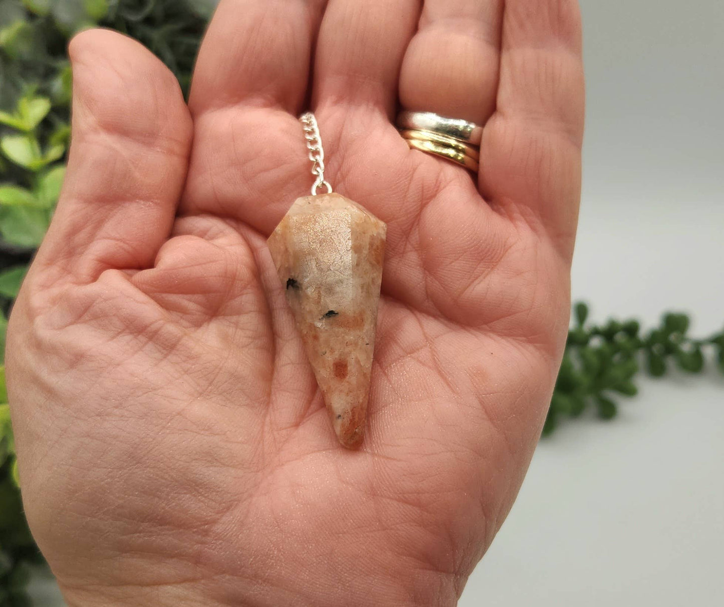 Sunstone Pendulum w/Silver Plated Chain & Clear Quartz Bead