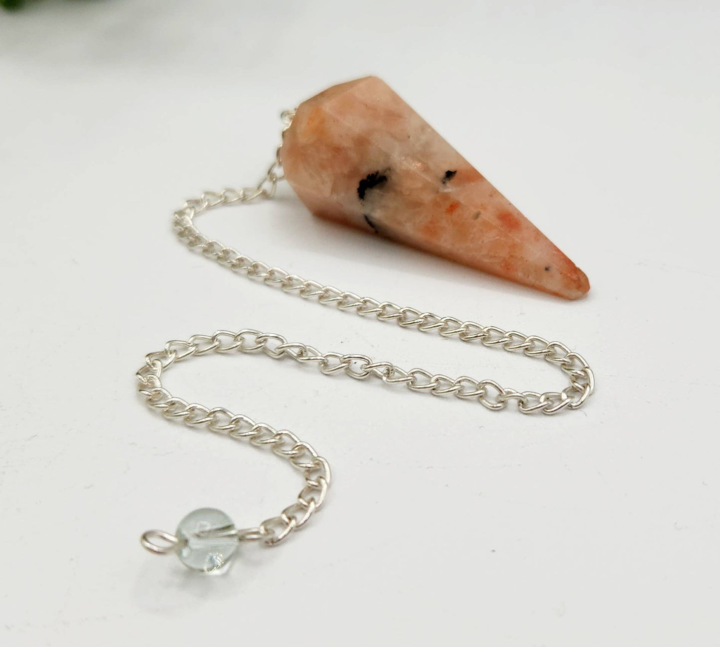 Sunstone Pendulum w/Silver Plated Chain & Clear Quartz Bead