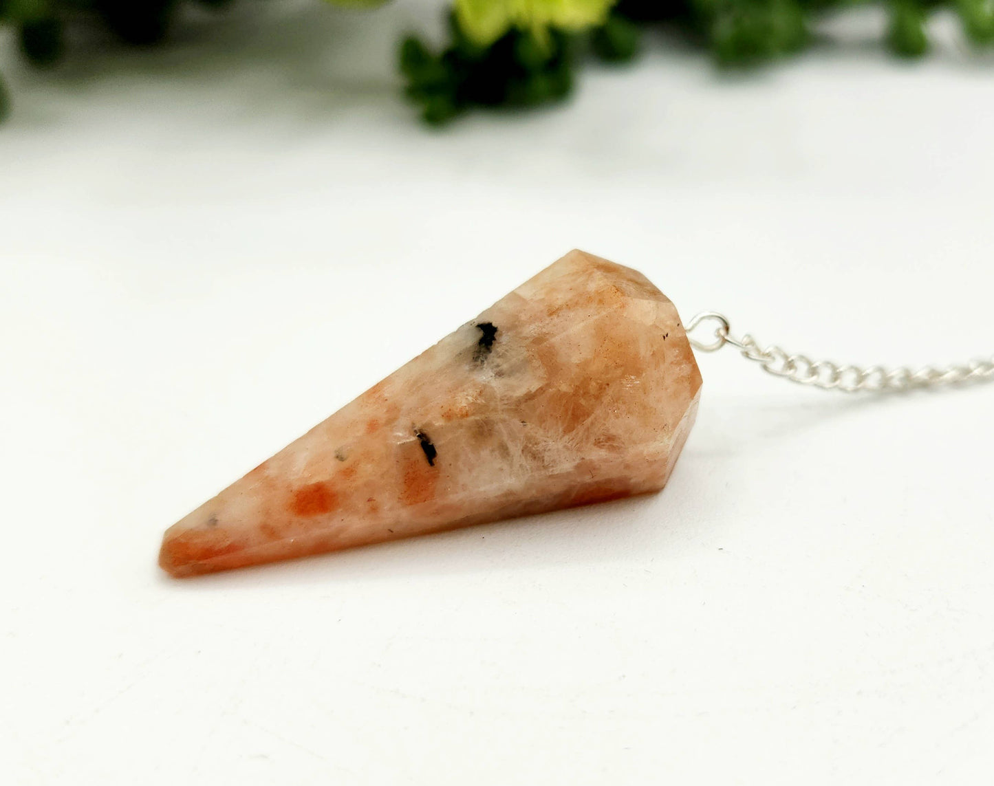 Sunstone Pendulum w/Silver Plated Chain & Clear Quartz Bead
