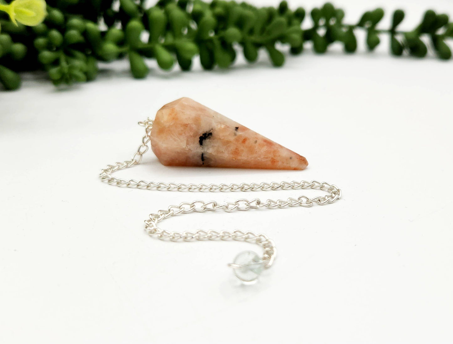 Sunstone Pendulum w/Silver Plated Chain & Clear Quartz Bead