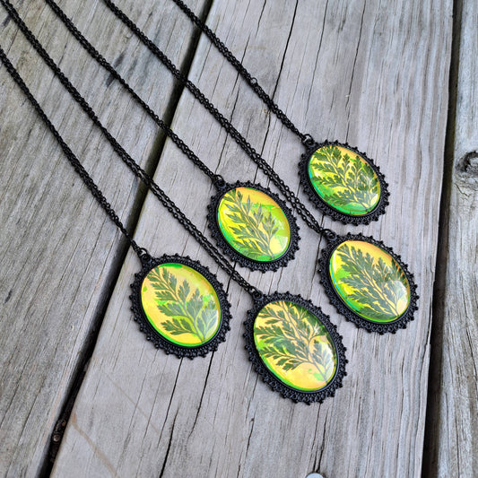 Green Holographic Pressed Fern Necklaces